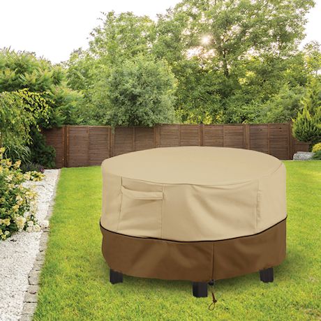 HOME DISTRICT Patio Table Cover Waterproof Heavy Duty 62" Round Outdoor Dining Table Cover with Air Vents and Handles, 62"dia x 32"h - Beige & Brown