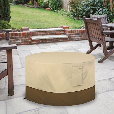 HOME DISTRICT Fire Pit Cover Waterproof Round Patio Fire Bowl Cover, Outdoor Heavy Duty Gas Firepit Table Covers with Air Vents and Handles, 32" x 16" - Beige & Brown