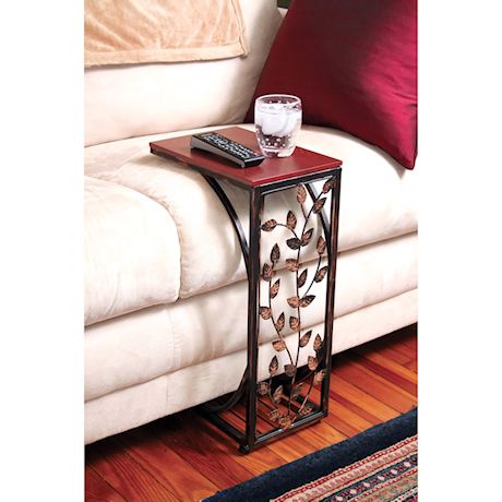 Etna C-Shaped Side Tables Set of 2 Sofa Side Tables with Metal Leaf Design Base & Wood Look Top TV Tray