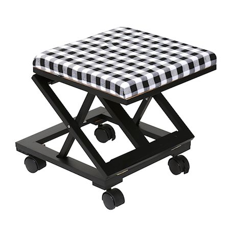 Etna Plaid Folding Foot Rest - Wooden Rolling Collapsible Cushioned Footrest Ottoman for Home or Office, Black and White