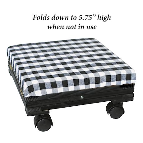 Etna Plaid Folding Foot Rest - Wooden Rolling Collapsible Cushioned Footrest Ottoman for Home or Office, Black and White