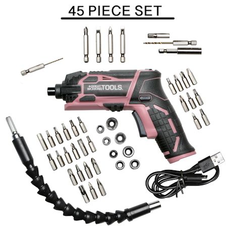 GREAT WORKING TOOLS Electric Screwdriver Cordless Screwdriver Set With Case Rechargable 4v Li-ion Battery, 45 Pc Set, Pink