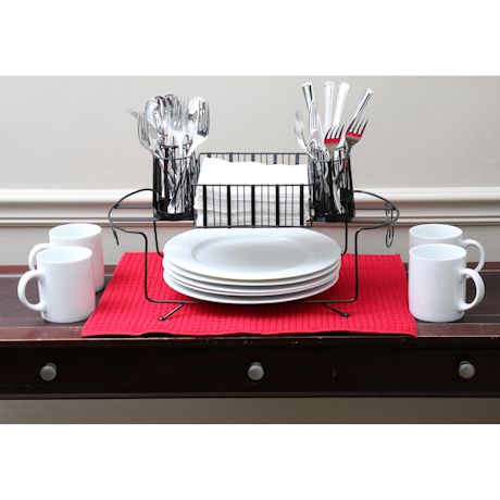 HOME DISTRICT Buffet Caddy for Plates, Utensils, Napkins 2 Tier Silverware Holder Dinner Plate Holder, Black Metal with Scroll Design