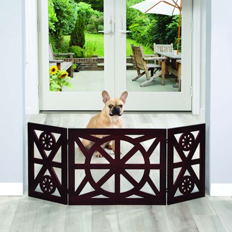 Etna 3 Panel Pet Gate - Trifold Wagon Wheel Dog Gate for Stairs, Freestanding Dog Gates, Lightweight Foldable Pet Gate for Small Dogs, Mahogany Finish Solid Wood Gates for Dogs Indoor, 48"W x 19"H