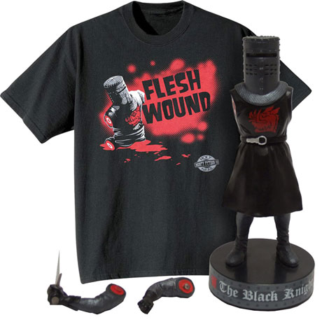 Monty Python Fan Gift Set with Black Knight Shake Em's Doll and Just A Flesh Wound Cotton T-Shirt