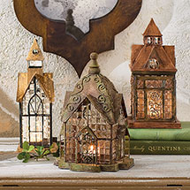 Set of 3 Glass and Metal Architectural Candle Lanterns Gift Set