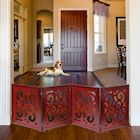Alternate Image 8 for Home District Freestanding Pet Gate, Solid Wood 3-Panel Tri-Fold Folding Dog Gate Dog Fence for Doorways Stairs Decorative Pet Barrier - Mahogany Scroll Design, 81' x 27'