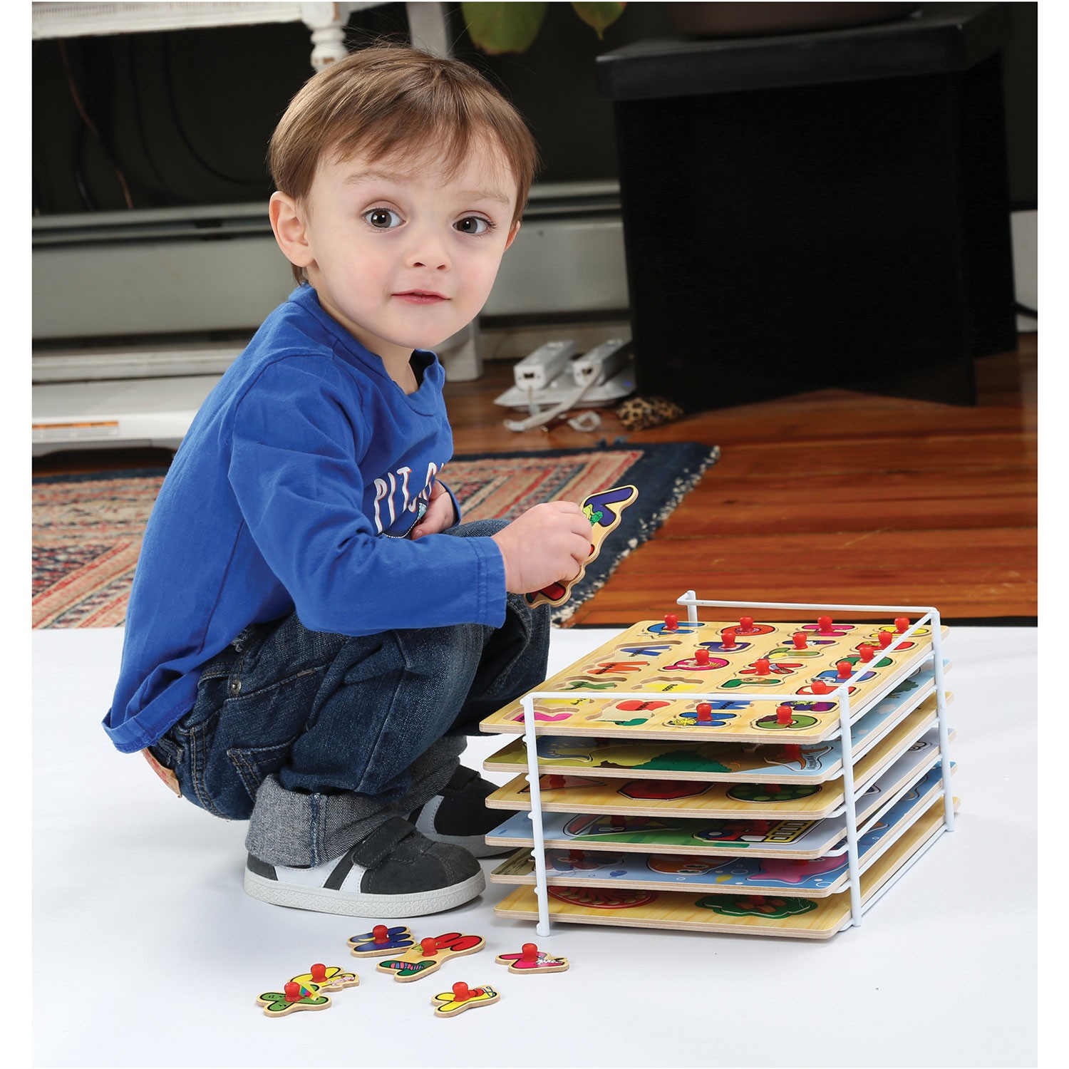 6 Wooden Peg Puzzles with Wire Storage Rack Set - ABC, Numbers, Shapes